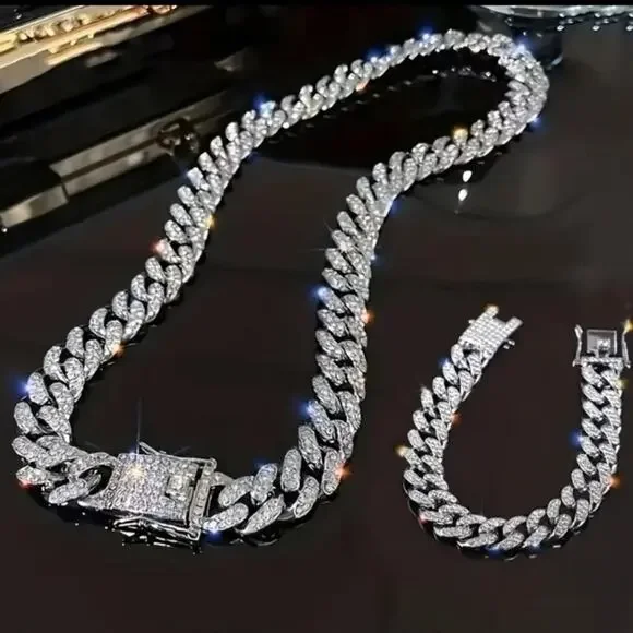 Iced Out Silver Plated Cuban Necklace & Bracelet Set THICK 12mm Miami Bling NEW